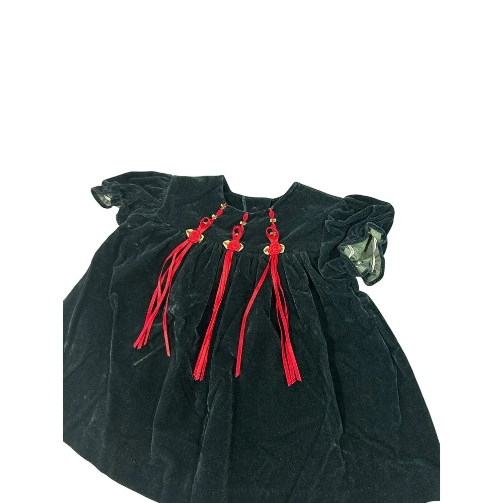 Bryan VTG Baby Girl Green Velvet Holiday Dress Rosette Tassels 3-6 Months